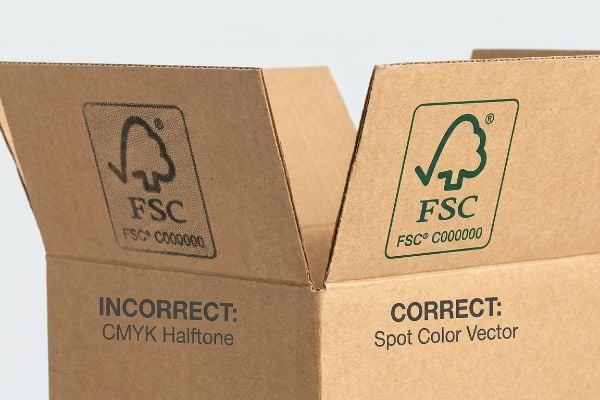 Brown corrugated cardboard displays two FSC logos, illustrating print quality: an Incorrect CMYK Halftone and a crisp Correct Spot Color Vector, both with FSC C000000.
