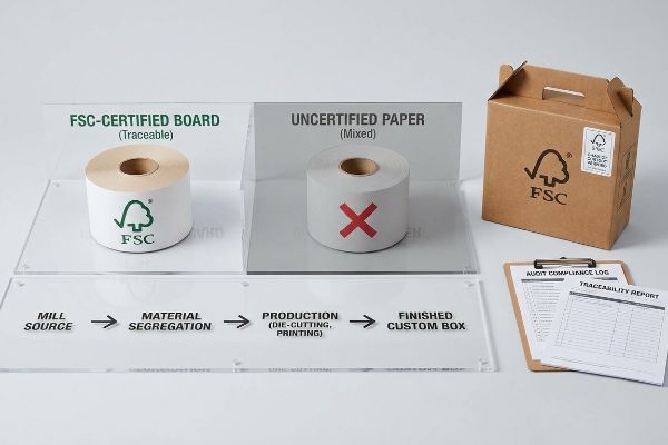 FSC-Certified Board traceability display: certified paper, uncertified paper, FSC box, material segregation process, and audit logs.