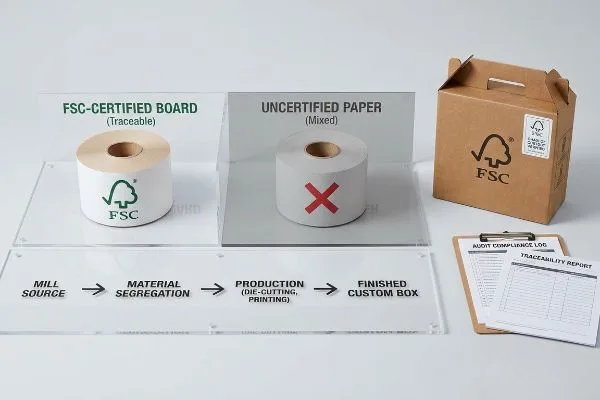 FSC-Certified Board traceability display: certified paper, uncertified paper, FSC box, material segregation process, and audit logs.