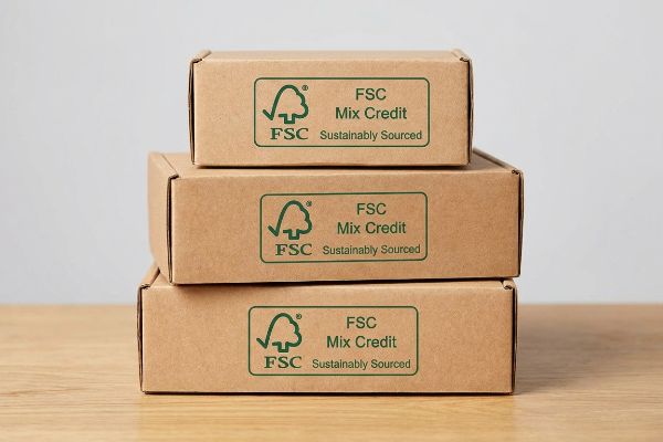 Three brown cardboard boxes are stacked, each displaying a green 'FSC Mix Credit Sustainably Sourced' label.