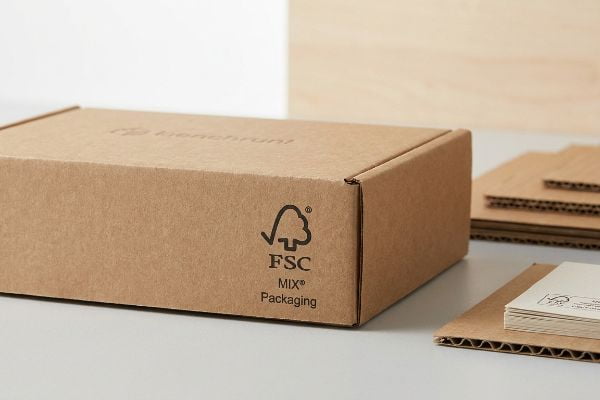 A brown corrugated cardboard box displays the FSC MIX® Packaging logo, signifying sustainable sourcing.
