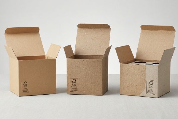 Three open kraft cardboard boxes, each displaying an FSC Mix label. The rightmost box features an internal divider for multi-product packaging.