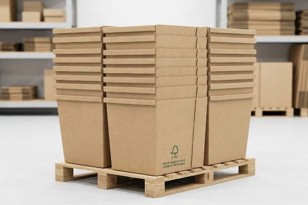 Stacks of flat-packed cardboard dump bins with FSC Mix certification and 'Paper Cuidado Con El Planeta Cuando Es Reciclable' text on a wooden pallet, highlighting sustainable packaging.