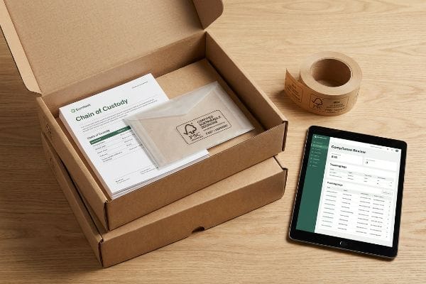 Documents de chaîne de contrôle Ecosense, emballage certifié FSC, ruban adhésif et tablette indiquant le contrôle de conformité.