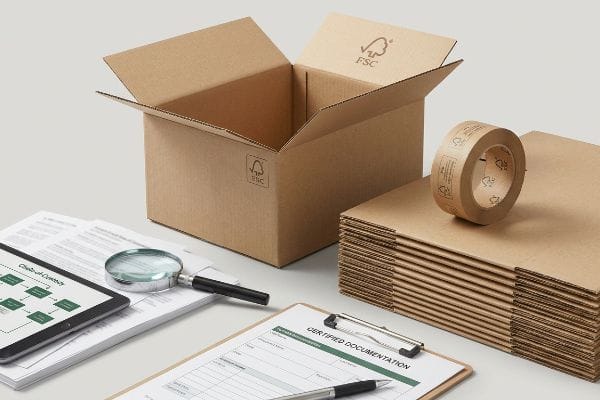 Offener, FSC-zertifizierter Karton, braunes Verpackungsband und das Formular „Zertifizierte Dokumentation“ zur Rückverfolgbarkeit der Lieferkette.