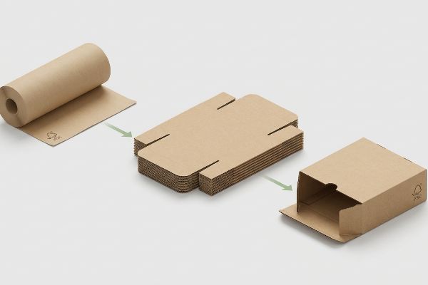 FSC® certified kraft paper transforms into flat corrugated blanks, then into an assembled brown packaging box.
