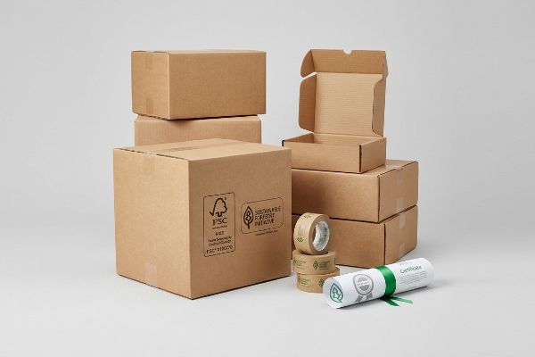 Brown corrugated cardboard boxes, some stacked, featuring FSC Mix and Sustainable Forestry Initiative logos, with eco-friendly tape and a rolled certificate.