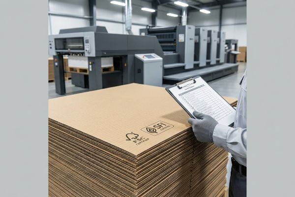 FSC Certified and SFI certified corrugated sheets are inspected by a worker holding a checklist in a packaging facility.