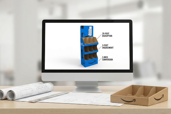 Desk with Amazon FSDU design on monitor, showing 3-3-3 rule: 30-Foot Disruption, 3-Foot Engagement, 3-Inch Conversion, and flat-packed tray.