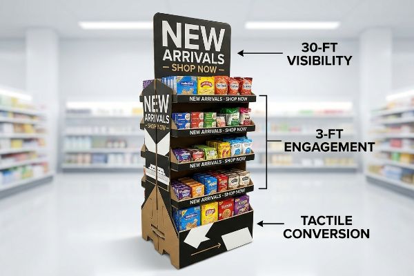 Cardboard FSDU with 'New Arrivals' header, illustrating the 3-3-3 Rule: 30-Ft Visibility, 3-Ft Engagement, and Tactile Conversion.
