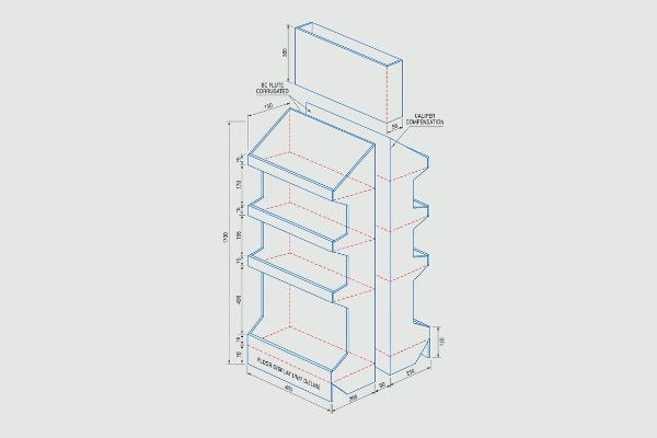 An isometric technical drawing details a Floor Display Unit Outline, featuring Bc Flute Corrugated material, Caliper Compensation, and key dimensions for FSDU structural design.