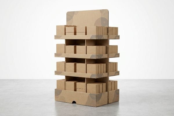 This corrugated floor merchandiser FSDU features multiple shelves displaying small brown boxes, ideal for retail product showcasing.