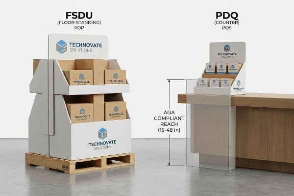 White cardboard FSDU and PDQ displays for Technovate Solutions illustrate ADA Compliant Reach (15-48 inches).