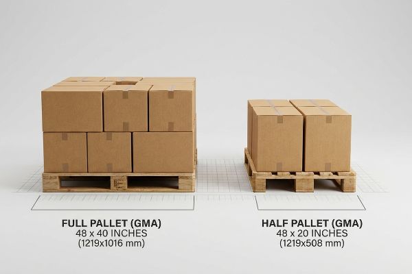 Brown cardboard boxes stacked on a Full Pallet (GMA) 48 x 40 Inches and a Half Pallet (GMA) 48 x 20 Inches.