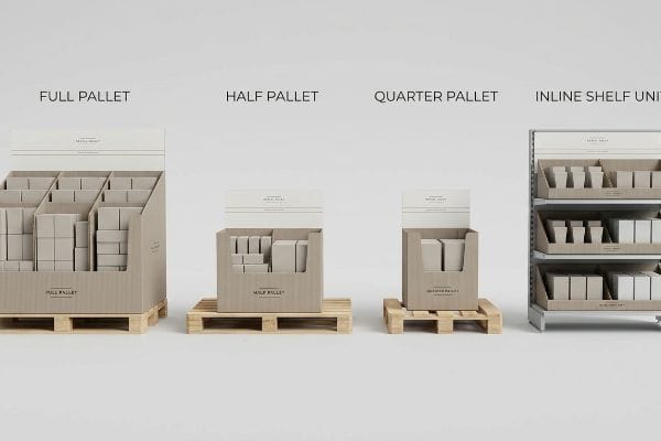 Kraft cardboard Full Pallet, Half Pallet, Quarter Pallet, and Inline Shelf Unit displays on wooden pallets, showcasing retail merchandising options.