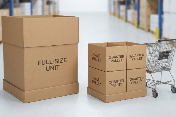 Brown cardboard displays feature a Full-Size Unit and stacked Half Pallet and Quarter Pallet fractional merchandisers, with a shopping cart.