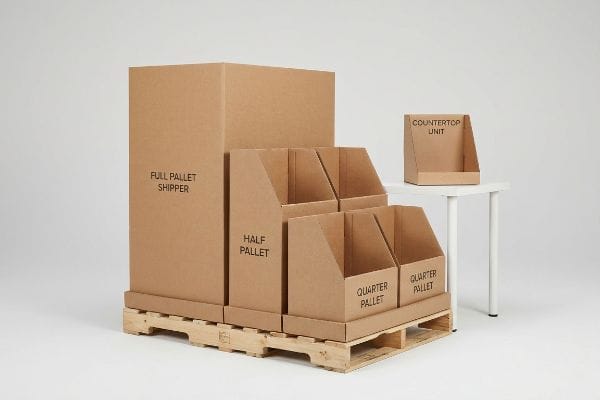 Brown corrugated cardboard display stands: Full Pallet Shipper, Half Pallet, Quarter Pallet, and Countertop Unit, on a wooden pallet.