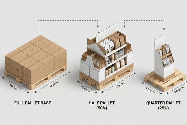 Trois tailles de palettes : Palette complète 48x40 pouces, Demi-palette 48x20 pouces pour présentoir de vente au détail et Quart de palette 24x20 pouces pour unité de marchandisage.