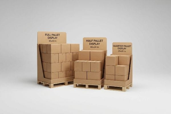 Three brown corrugated cardboard pallet displays, Full 48x40 in, Half 40x24 in, and Quarter 24x20 in, loaded with boxes.