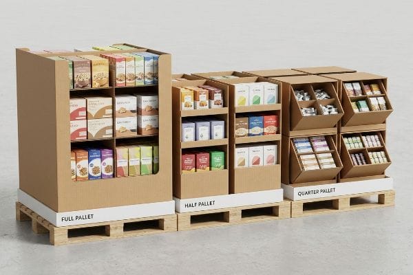 Natural corrugated cardboard retail displays, showcasing Full Pallet, Half Pallet, and Quarter Pallet sizes, filled with diverse product boxes on wooden bases.