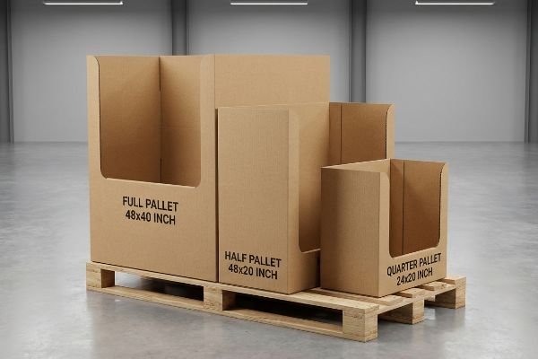 Brown corrugated pallet displays: Full Pallet 48x40 Inch, Half Pallet 48x20 Inch, and Quarter Pallet 24x20 Inch, on a wood shipping pallet.