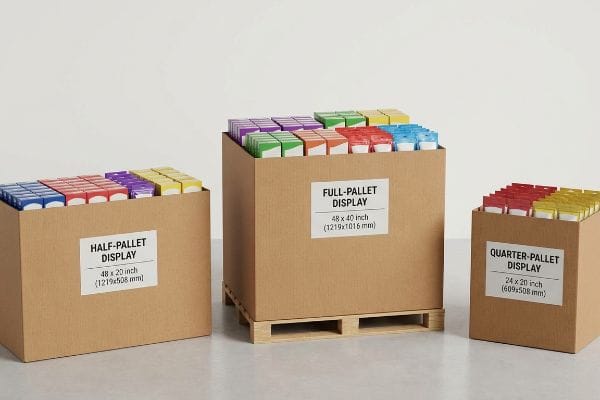 Brown cardboard Full-Pallet, Half-Pallet, and Quarter-Pallet displays, filled with colorful cartons, showing 48x40, 48x20, 24x20 inch dimensions.