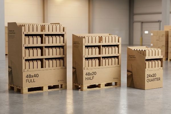 Corrugated cardboard pallet displays: 48x40 Full, 48x20 Half, and 24x20 Quarter, showcasing fractional pallet geometry on wooden bases.