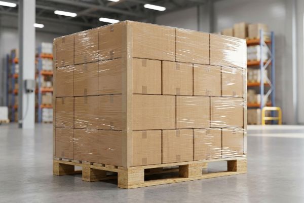 Brown corrugated boxes, shrink-wrapped on a wooden full pallet, ready for warehouse storage and shipping.