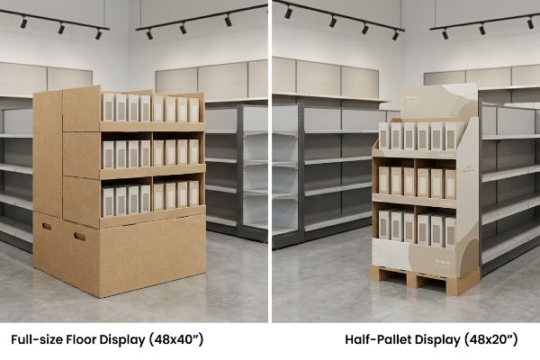 Natural brown corrugated cardboard full-size floor display (48x40 inches) next to a half-pallet display (48x20 inches) in a retail store.