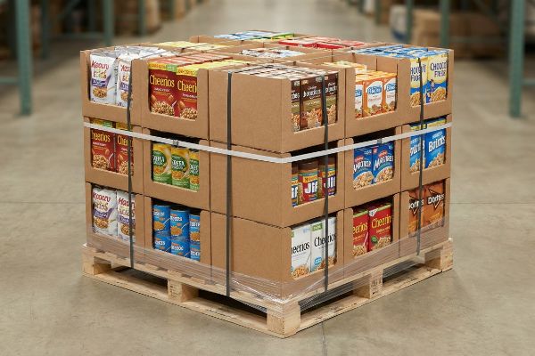 A warehouse pallet with fully kitted PDQ trays, shrink-wrapped and strapped, showcasing Cheerios, Jif, and Ritz products.