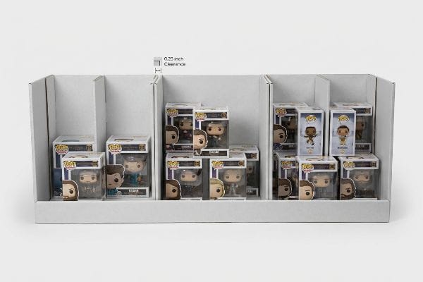 White corrugated display tray with Funko Pop collectible boxes, showing 0.25 inch clearance for safe merchandising.