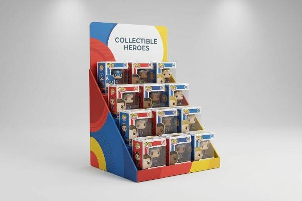 Tiered cardboard display stand with Funko Pop boxes, featuring 'Collectible Heroes' header in red, blue, yellow branding.