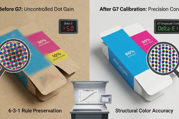 G7 calibration ensures precision CMYK dots, contrasting uncontrolled dot gain (Delta-E > 5.0) with accurate results (Delta-E < 1.0).