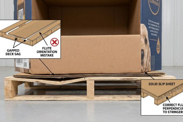 Corrugated slip sheet sags on gapped pallet, Flute Orientation Mistake. Inset shows Correct Flute Perpendicular To Stringer.