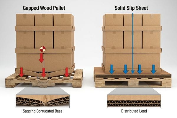 Sagging corrugated base on gapped wood pallet versus distributed load with solid slip sheet for stacked boxes.