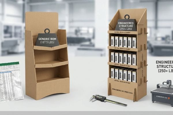 Brown corrugated cardboard display stand with a dark grey weight labeled 