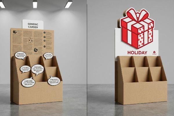 Corrugated cardboard displays: 'Generic Carder' with text bubbles, contrasted by a 3D die-cut red gift box 'Holiday' display.