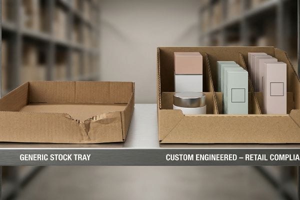 Brown corrugated cardboard trays: a damaged Generic Stock Tray next to a Custom Engineered Retail Compliant display with cosmetics.