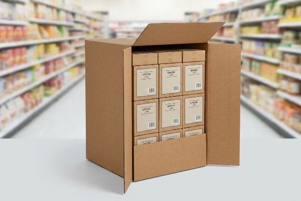 Open corrugated cardboard shipper display with generic label CPG product boxes in a grocery store aisle.