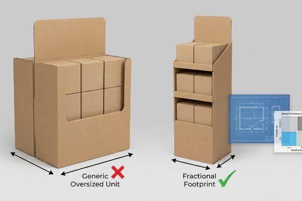 Brown corrugated cardboard displays contrasting a Generic Oversized Unit with a Fractional Footprint, showing optimal retail placement.