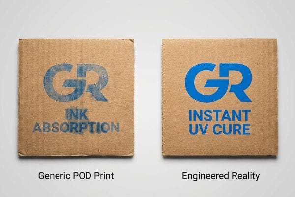 Ink Absorption vs Cure Two corrugated cardboard squares compare generic print-on-demand ink absorption (washed-out GR logo) with crisp UV cure printing (vibrant GR logo).
