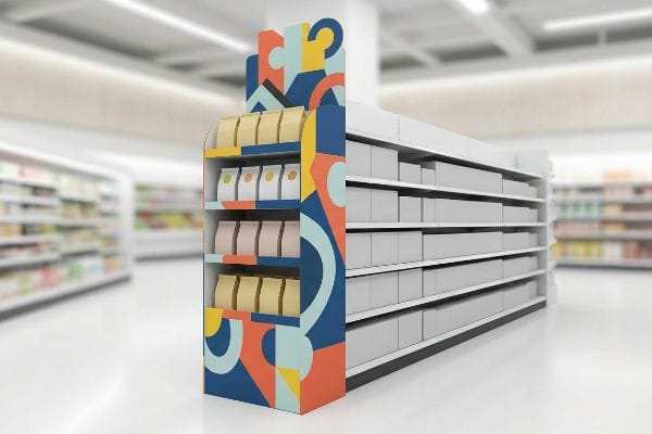 A vibrant retail end cap display with abstract geometric patterns, showcasing product pouches in a grocery store aisle next to white shelving.