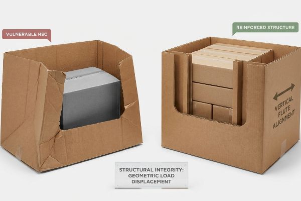 Two brown corrugated open-top bins compare a Vulnerable Hsc to a Reinforced Structure with Vertical Flute Alignment, demonstrating Geometric Load Displacement.
