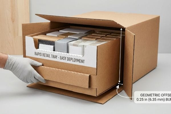 A gloved hand extracts a corrugated Rapid Retail Tray - Easy Deployment from its master shipping carton, highlighting the 0.25 in (6.35 mm) geometric offset for zero-tear unpacking.