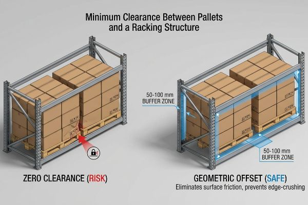 Diagram comparing pallet racking clearance: Zero Clearance (Risk) with contact, and Geometric Offset (Safe) showing a 50-100 mm buffer zone to prevent friction and edge-crushing.