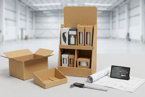 Cardboard POP display, open box, digital caliper, and tablet displaying 2.4mm Geometric Offset for packaging.