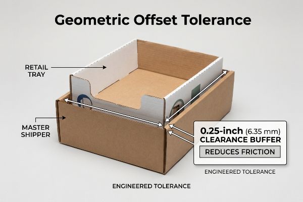 Brown Master Shipper box with a white Retail Tray, illustrating 0.25-inch (6.35 mm) Geometric Offset Tolerance clearance buffer.