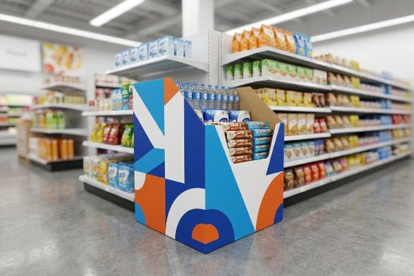 Un présentoir géométrique d'un quart de palette aux couleurs bleu vif et orange, présentant de l'eau en bouteille et des en-cas, stratégiquement placé dans une allée de supermarché pour inciter aux achats impulsifs.