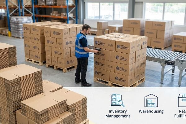 Warehouse worker in blue vest scans 'Global Fulfillment Solutions' boxes on pallets, showcasing inventory management and warehousing.