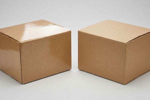 Brown corrugated cardboard boxes, one featuring a glossy aqueous coating, the other a matte finish.